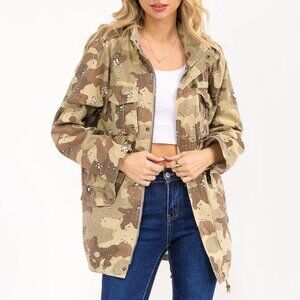B30 LONG SLEEVE ZIP UP FRONT POCKETS CAMO DENIM JACKET TAN NEW